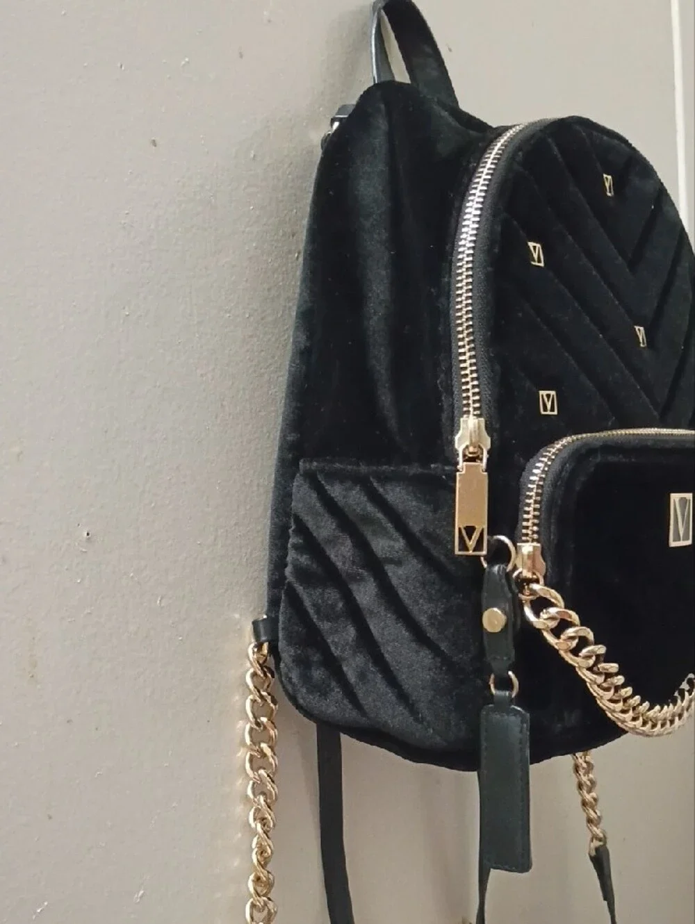 Victoria's Secret Black Velvet Women’s Backpack with Gold Chain Accent